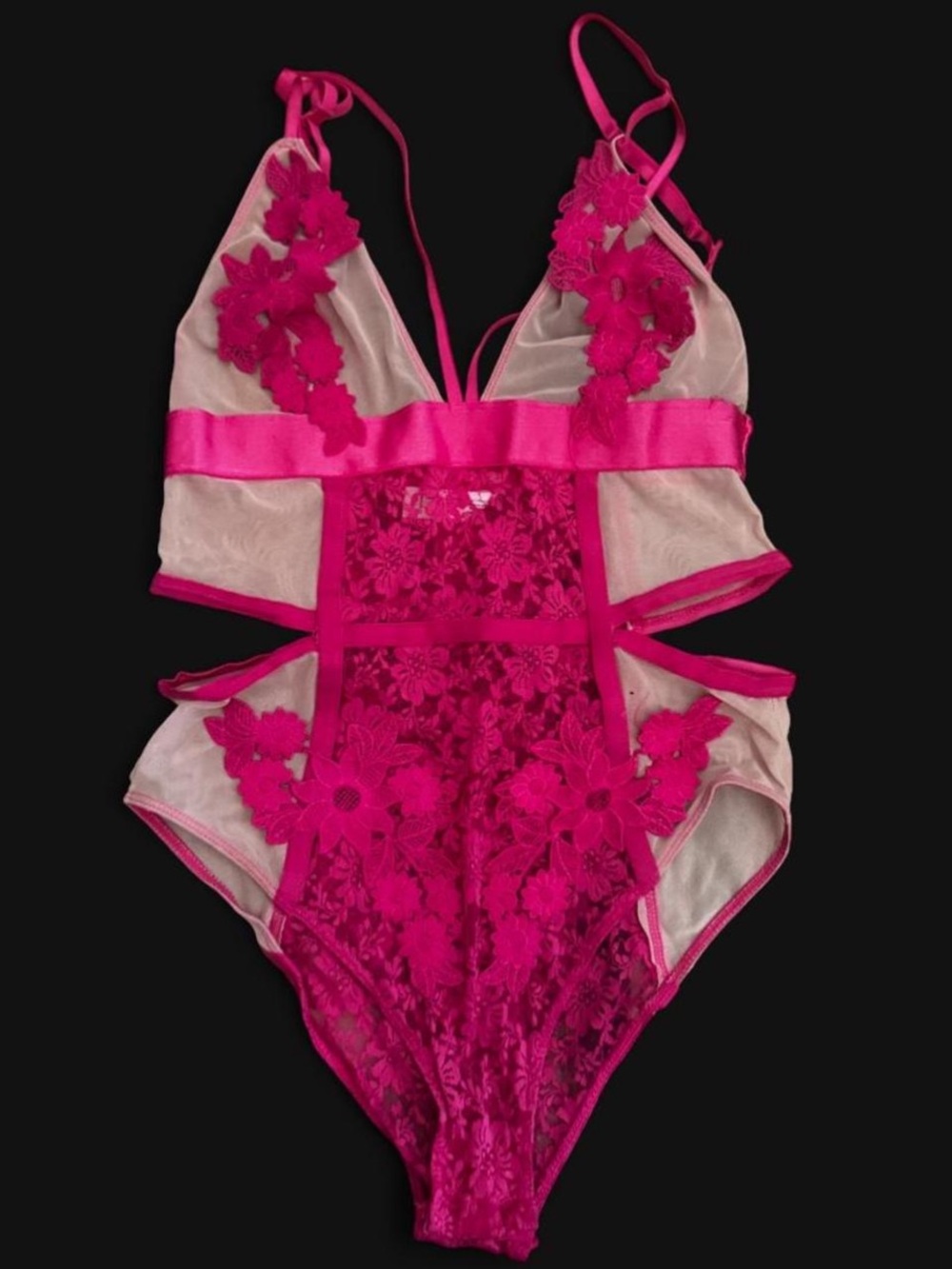 Hot Pink Floral Lace Sheer Teddy Bodysuit